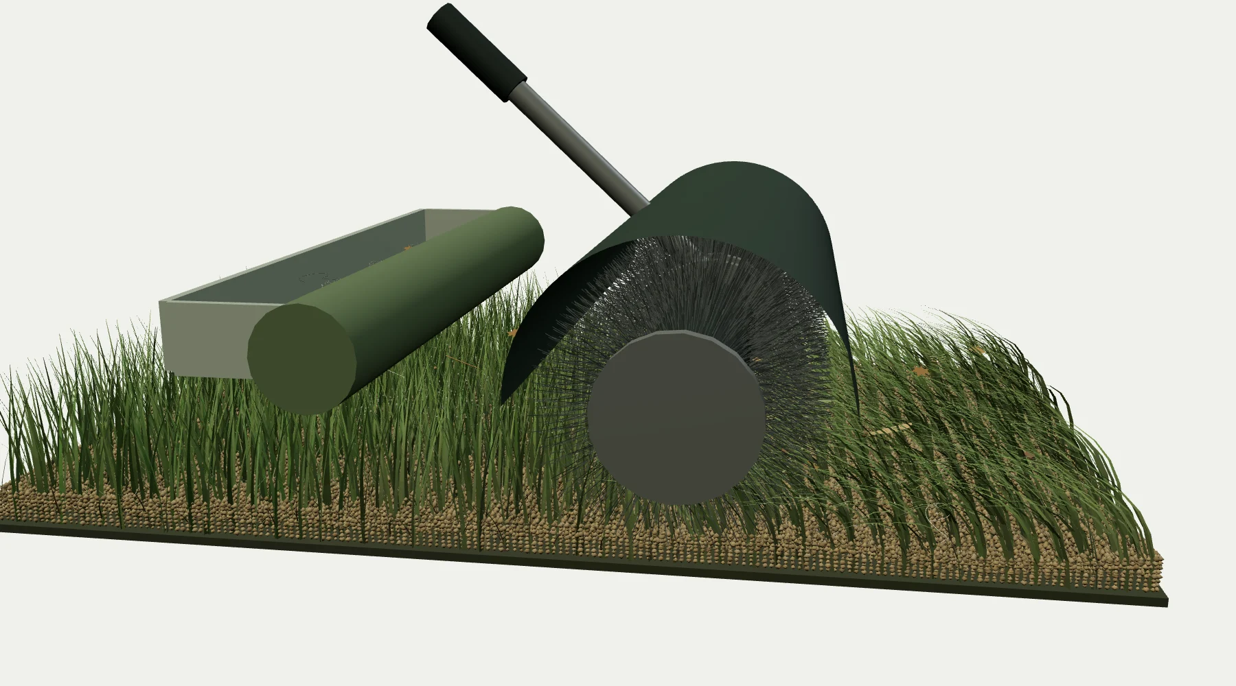 A cylindrical bristle brush lifts turf fibres; a distinct collection tray behind it receives loosened debris.