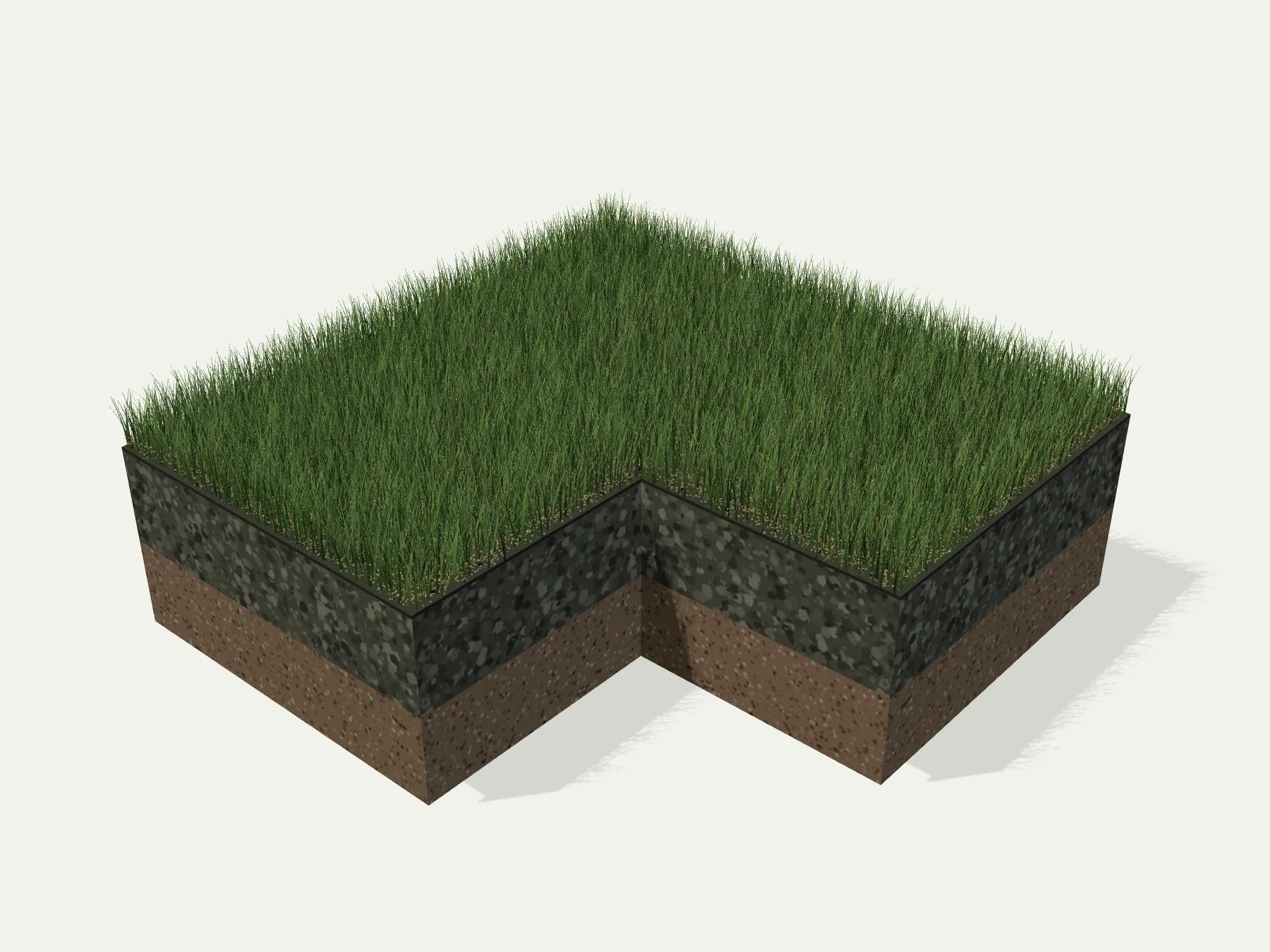 Artificial turf cutaway showing upright green fibres, brown thatch, sand-coloured infill, dark backing, aggregate and soil.