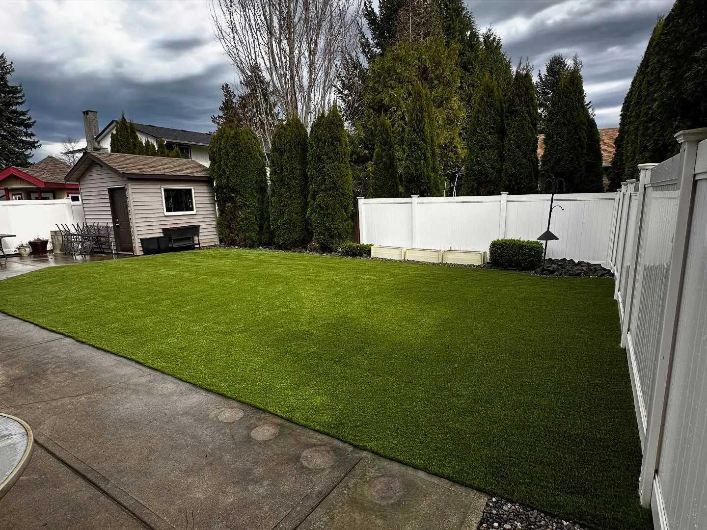 Luxury Lawns backyard turf installation with a curved patio edge and white fencing